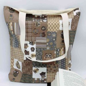 Stoffbeutel mit Patchwork-Eulen-Muster aus Baumwolle